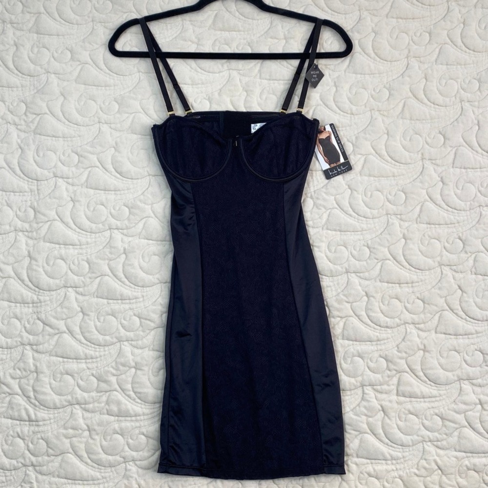 NEW Nicole Miller Shaping Slip Dress Black Lace Bustier Bodycon Size Small